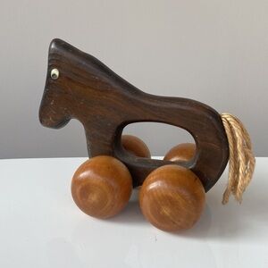 Vintage Wooden Horse Rolling Wheels Push Toy Brown CWS